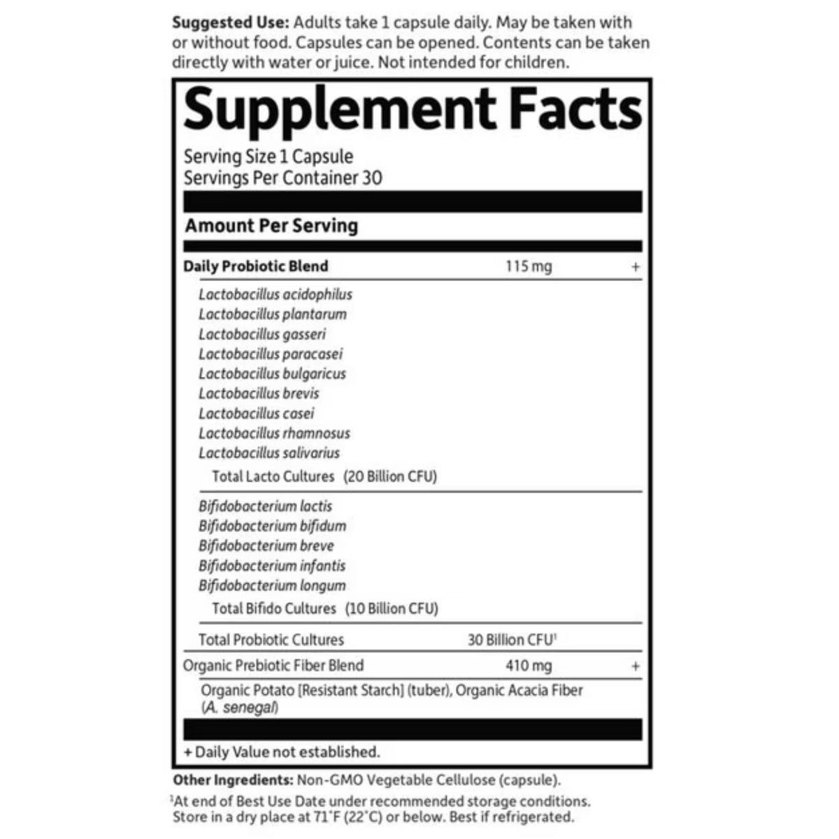 Supplement Facts panel showing 30 billion CFU from Lactobacillus and Bifidobacteria per capsule