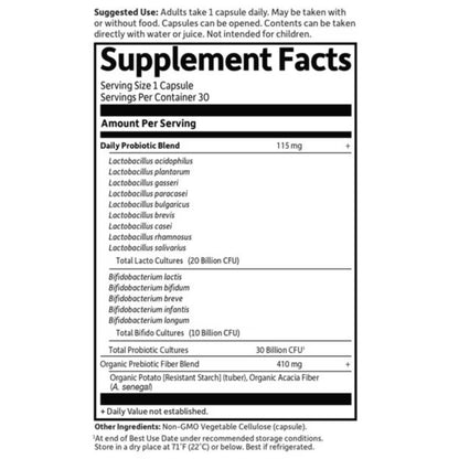 Supplement Facts panel showing 30 billion CFU from Lactobacillus and Bifidobacteria per capsule