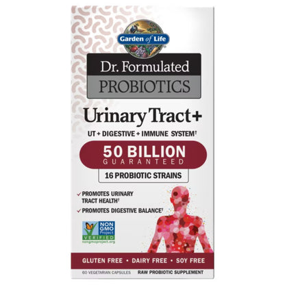 Front view of Garden of Life Dr Formulated Probiotics Urinary Tract Plus box with 50 billion and 16 strains on white