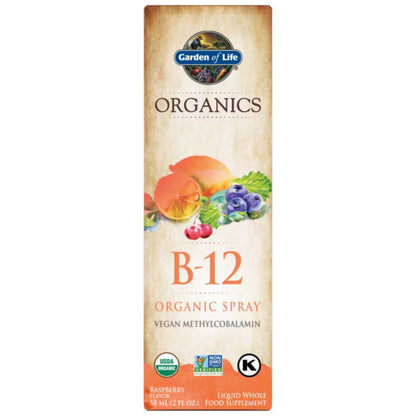 Primary Image of Organics Vitamin B12 Raspberry Spray, box with illustrated veggies