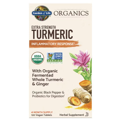 Primary Image of Organics Extra Strength Turmeric, box with illustrated ingredients