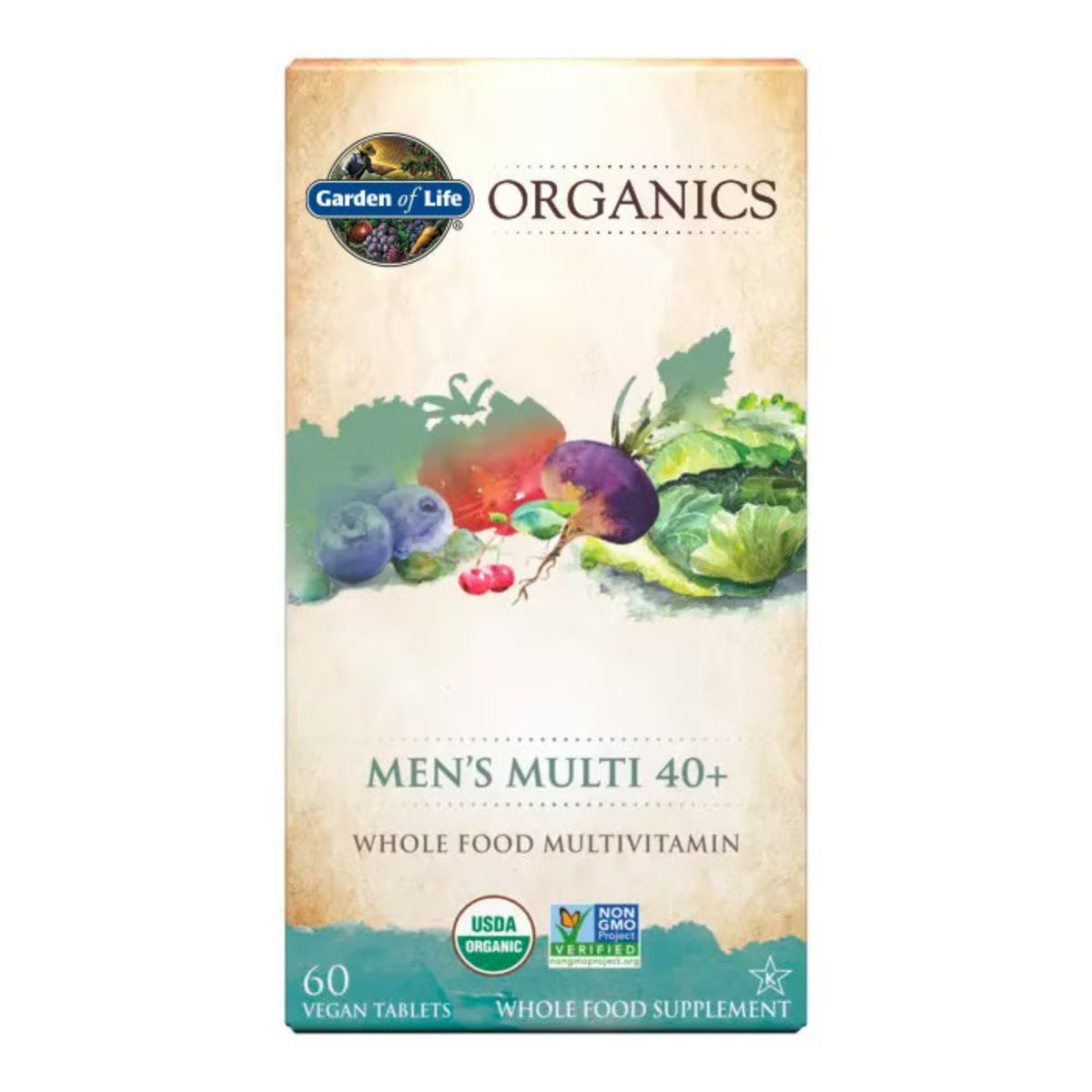 Primary Image of Organics Men's 40+ Multivitamin, box with veggie illustrations