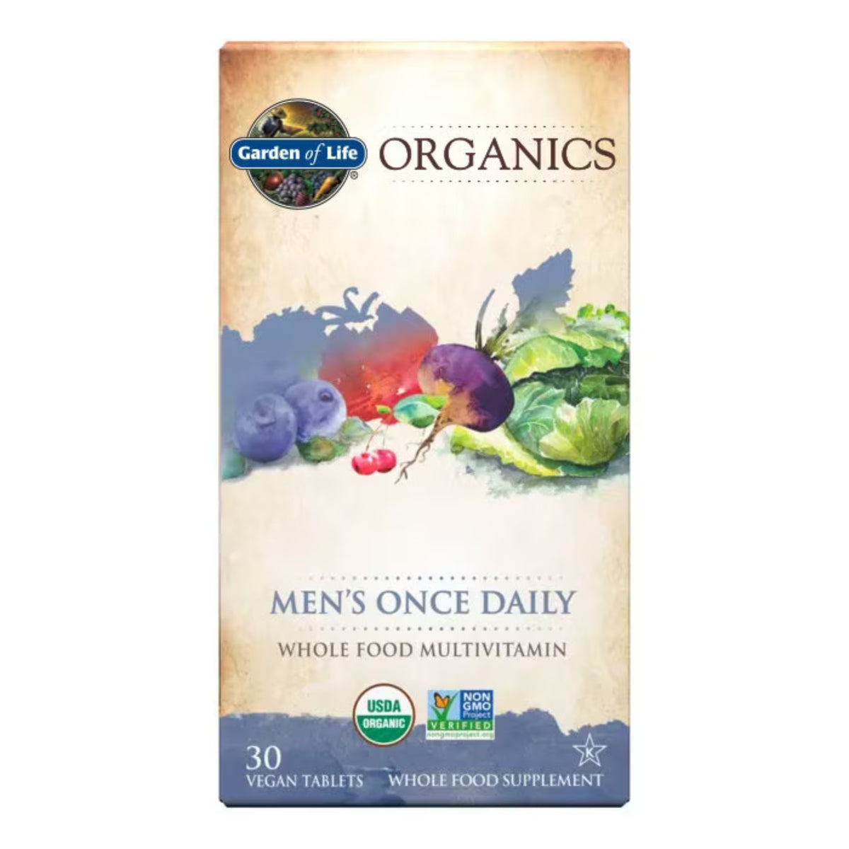 Primary Image of Organics Men's Once Daily Multivitamin, box with illustrated veggies