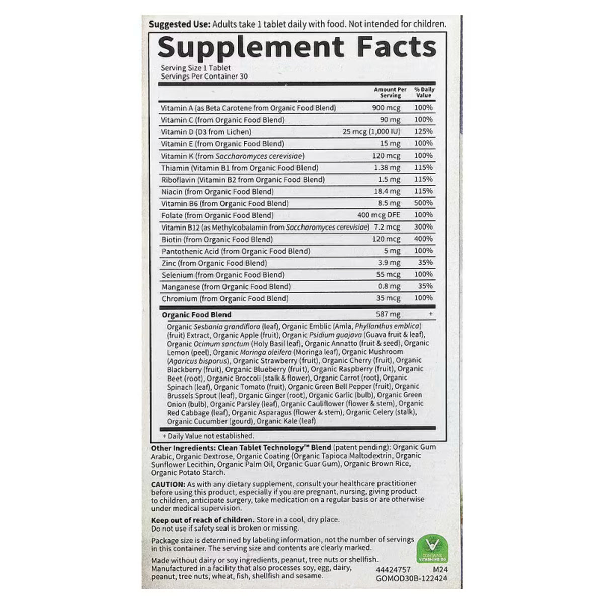 Alternate Image of Organics Men's Once Daily Multivitamin, supplement facts