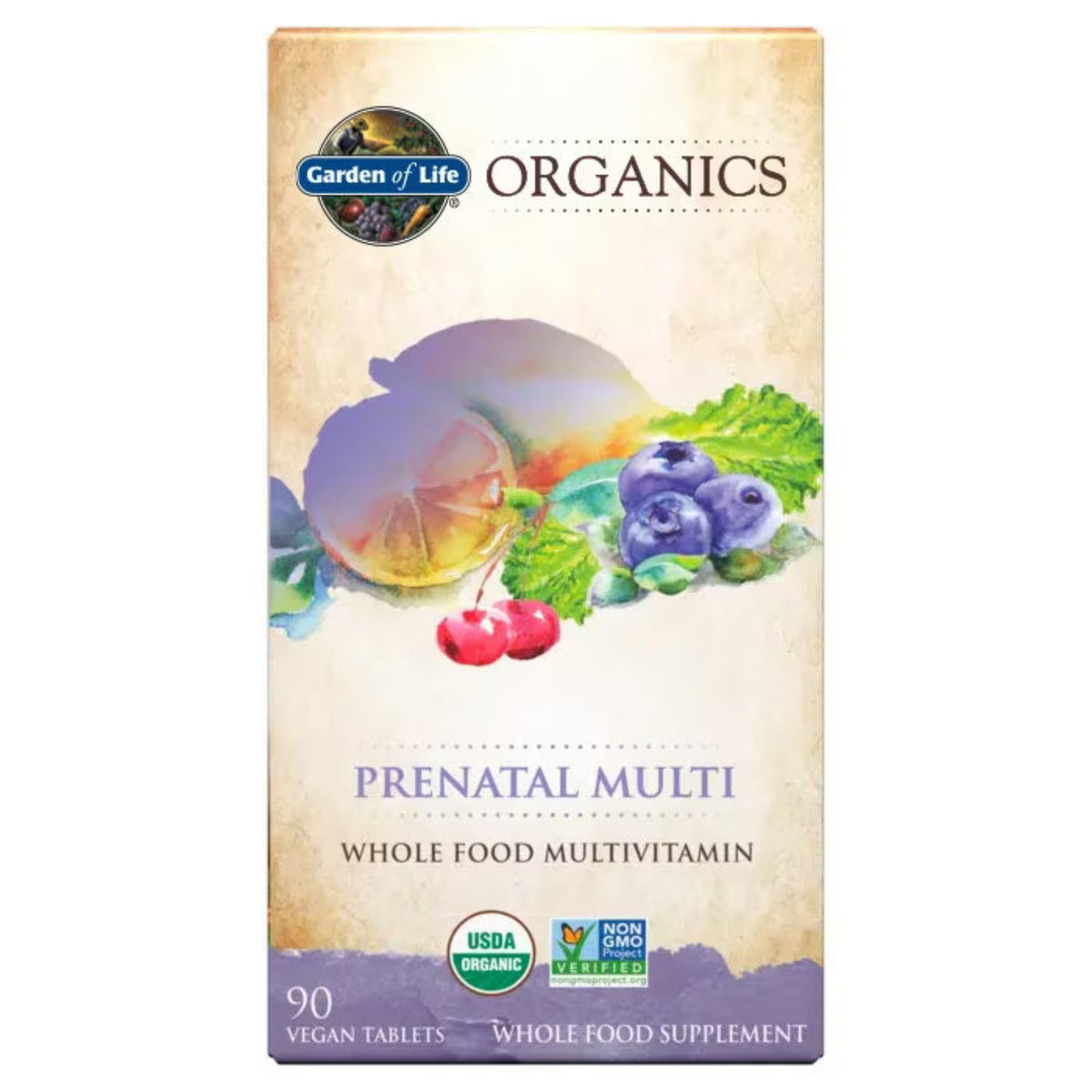 Primary Image of Organics Prenatal Multivitamin. box with illustrated veggies