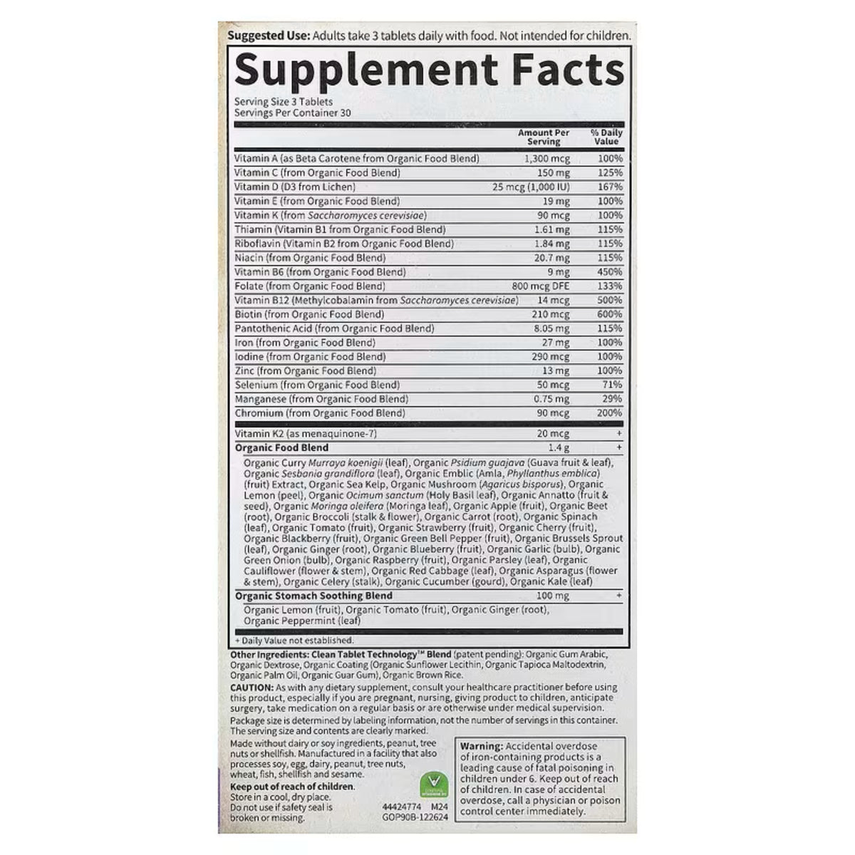 Alternate Image of Organics Prenatal Multivitamin, supplement facts