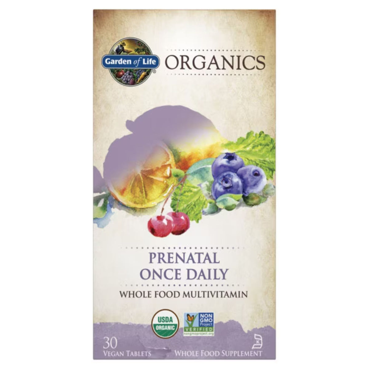 Front view of Garden of Life Organics Prenatal Once Daily Multivitamin showcasing 30 vegan tablets on white background