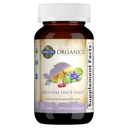 Front view of Garden of Life Organics Prenatal Once Daily Multivitamin bottle showcasing 30 vegan tablets on white background