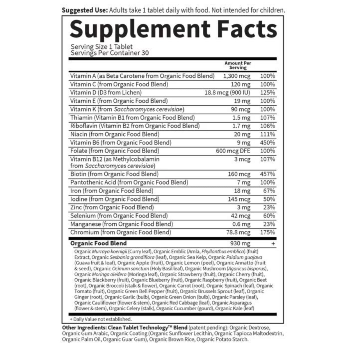 Supplement Facts label showing one-tablet serving, 30 servings, vitamins and minerals, and a 930 mg organic food blend