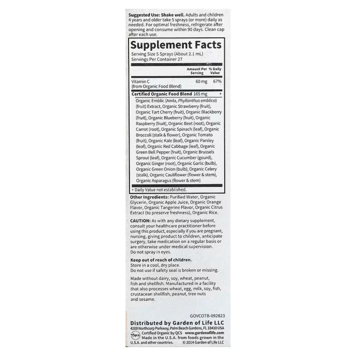 Alternate  Image of Organics Vitamin C Orange Tangerine Spray, supplement facts