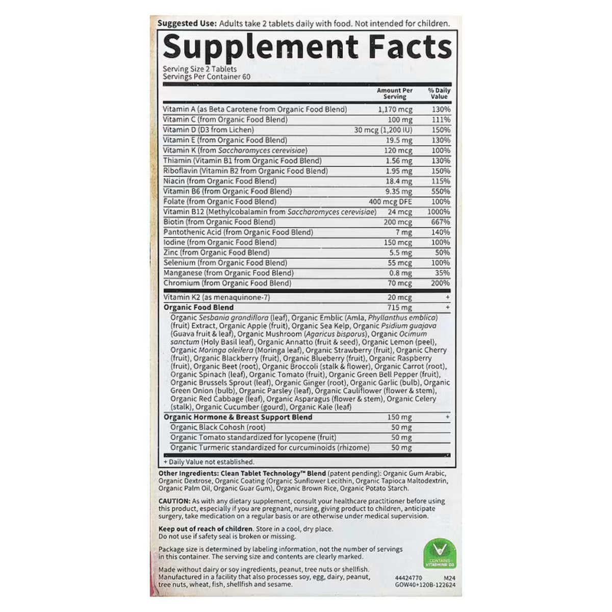 Alternate Image of Organics Women's 40+ Multivitamin, supplement facts