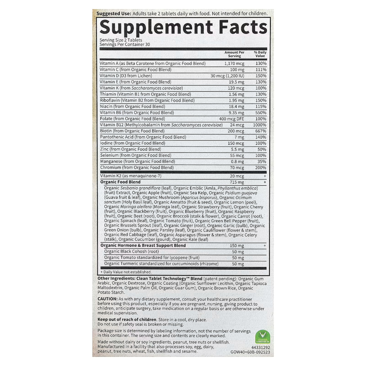 Alternate Image of Organics Women's 40+ Multivitamin, supplement facts