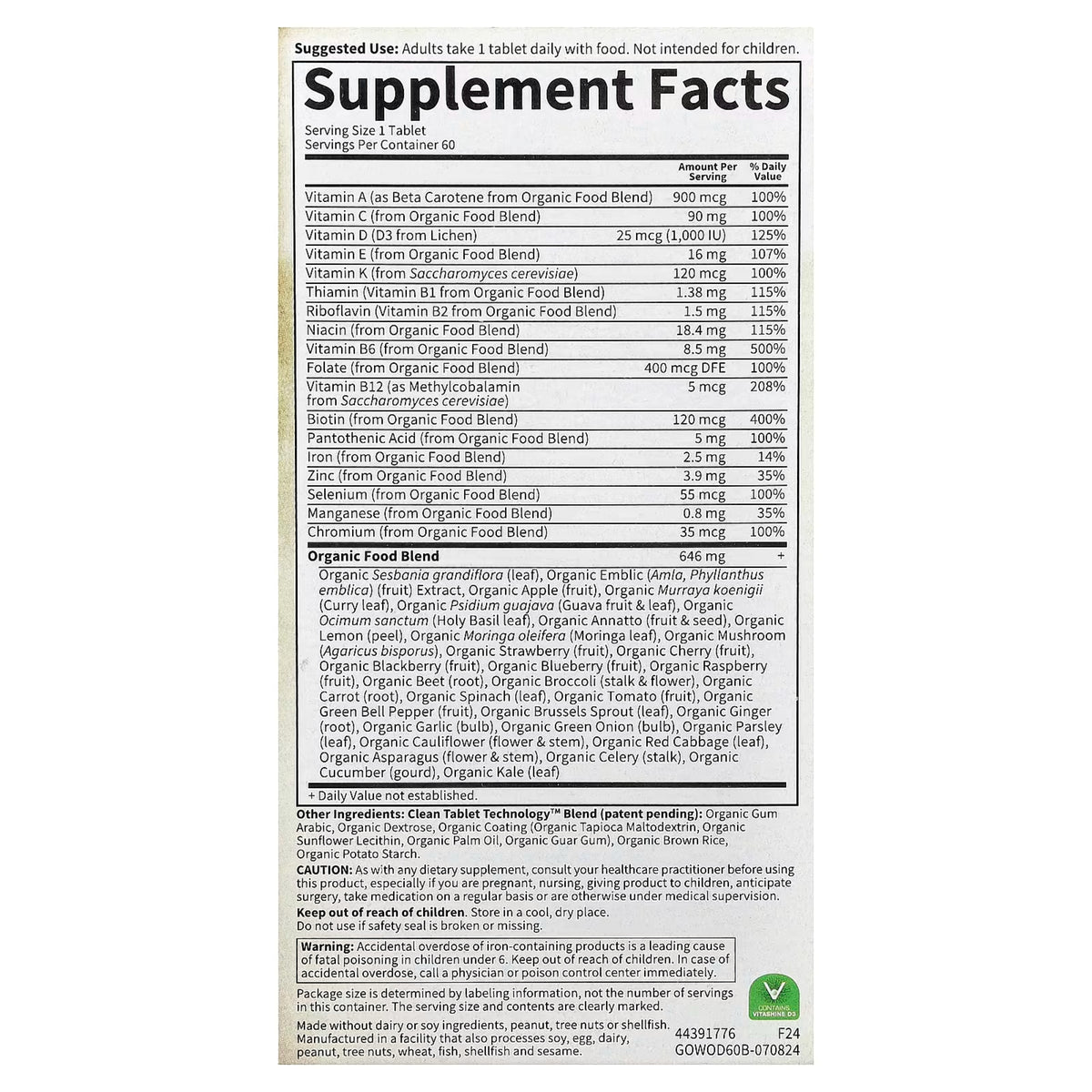 Alternate Image of Organics Women's Once Daily Multivitamin, supplement facts