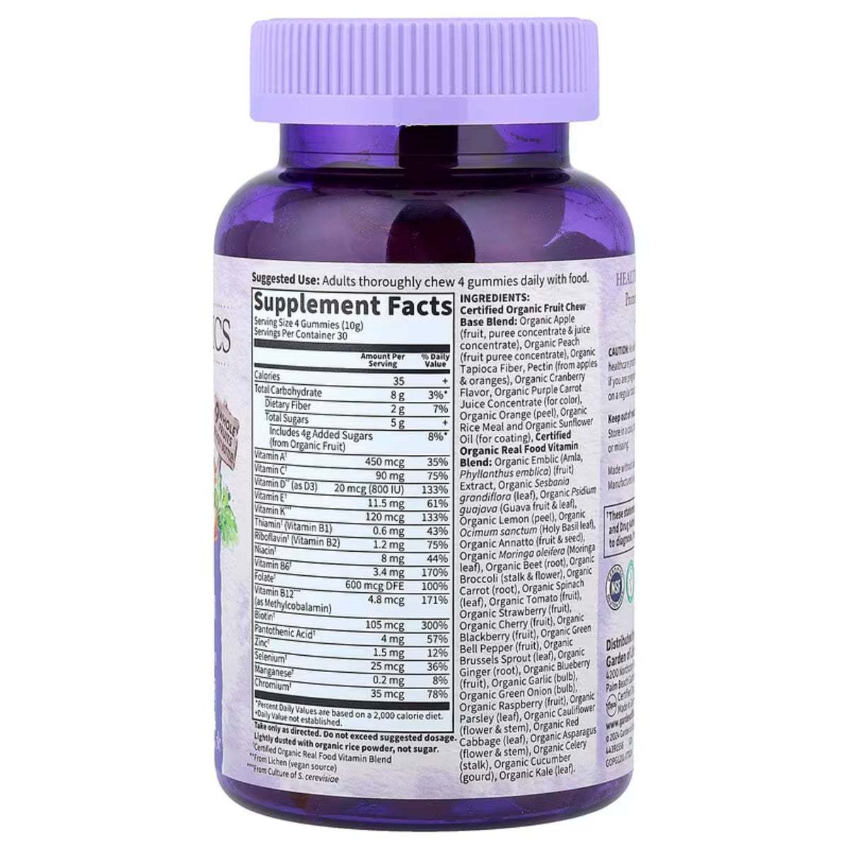 Back view of Organics Prenatal Gummy Multi Multivitamin showcasing Supplement Facts label with a white background