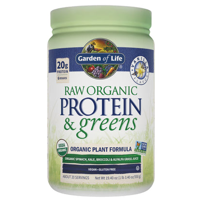Primary Image Vanilla Raw Organic Protein + Greens, green and white jar
