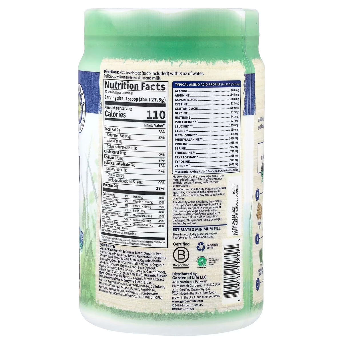 Alternate Image Vanilla Raw Organic Protein + Greens, green and white jar