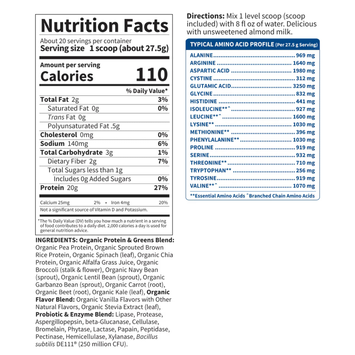 Alternate Image Vanilla Raw Organic Protein + Greens, supplement facts
