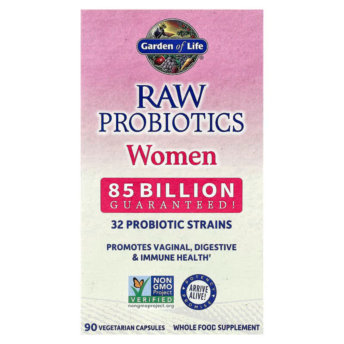Front view of Garden of Life RAW Probiotics Women 85 Billion capsules showcasing 32 probiotic strains on a white background