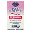 Front view of Garden of Life RAW Probiotics Women 85 Billion capsules showcasing 32 probiotic strains on a white background