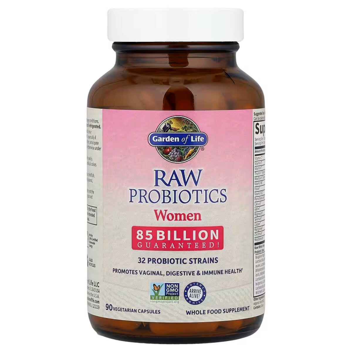 Front view of RAW Probiotics Women 85 Billion Capsules showcasing the 85 billion probiotic guarantee with a white background