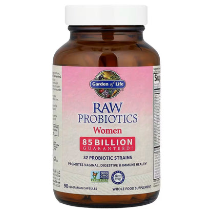 Front view of RAW Probiotics Women 85 Billion Capsules showcasing the 85 billion probiotic guarantee with a white background