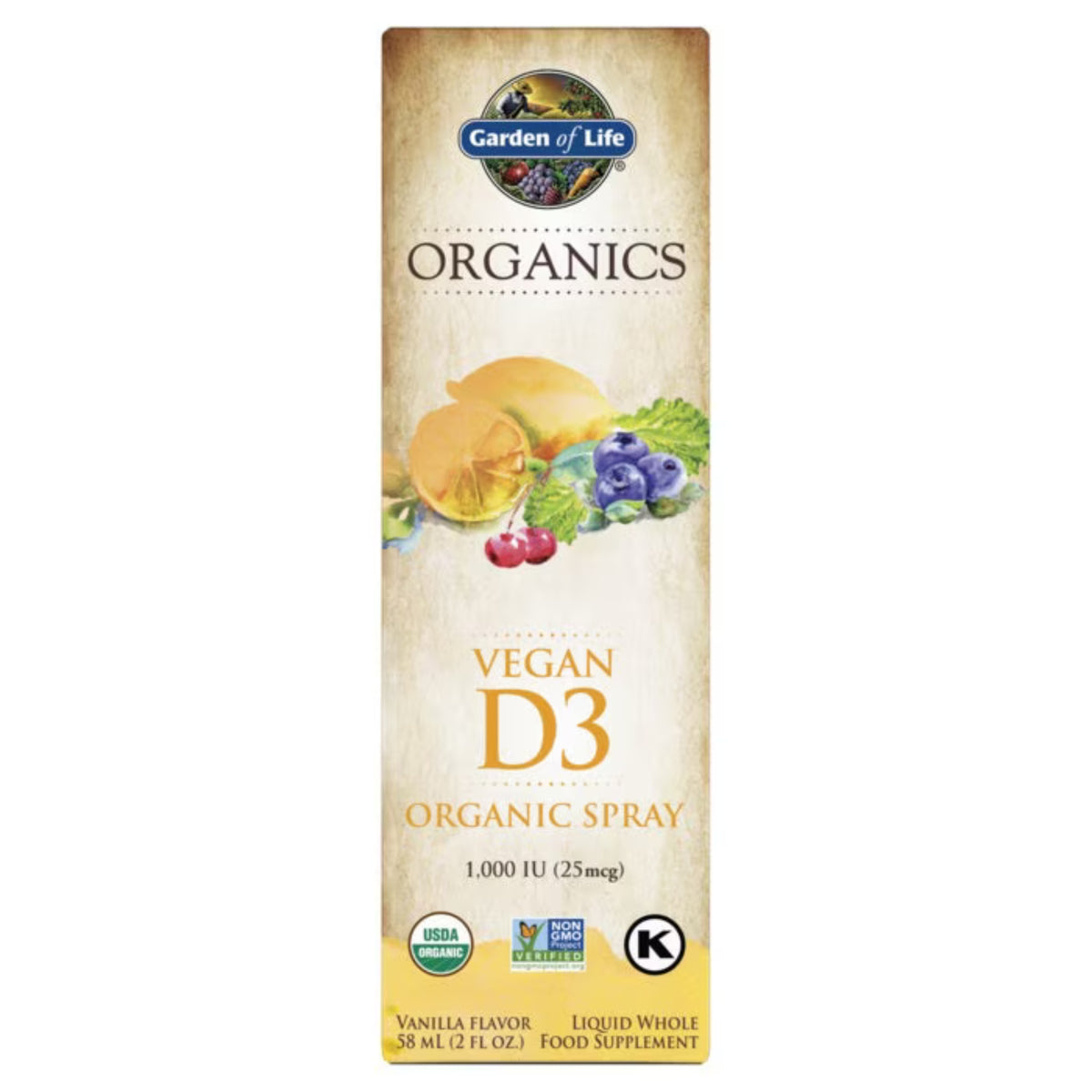 Primary Image of Organics Vegan D3 Vanilla Spray, box with illustrated veggies