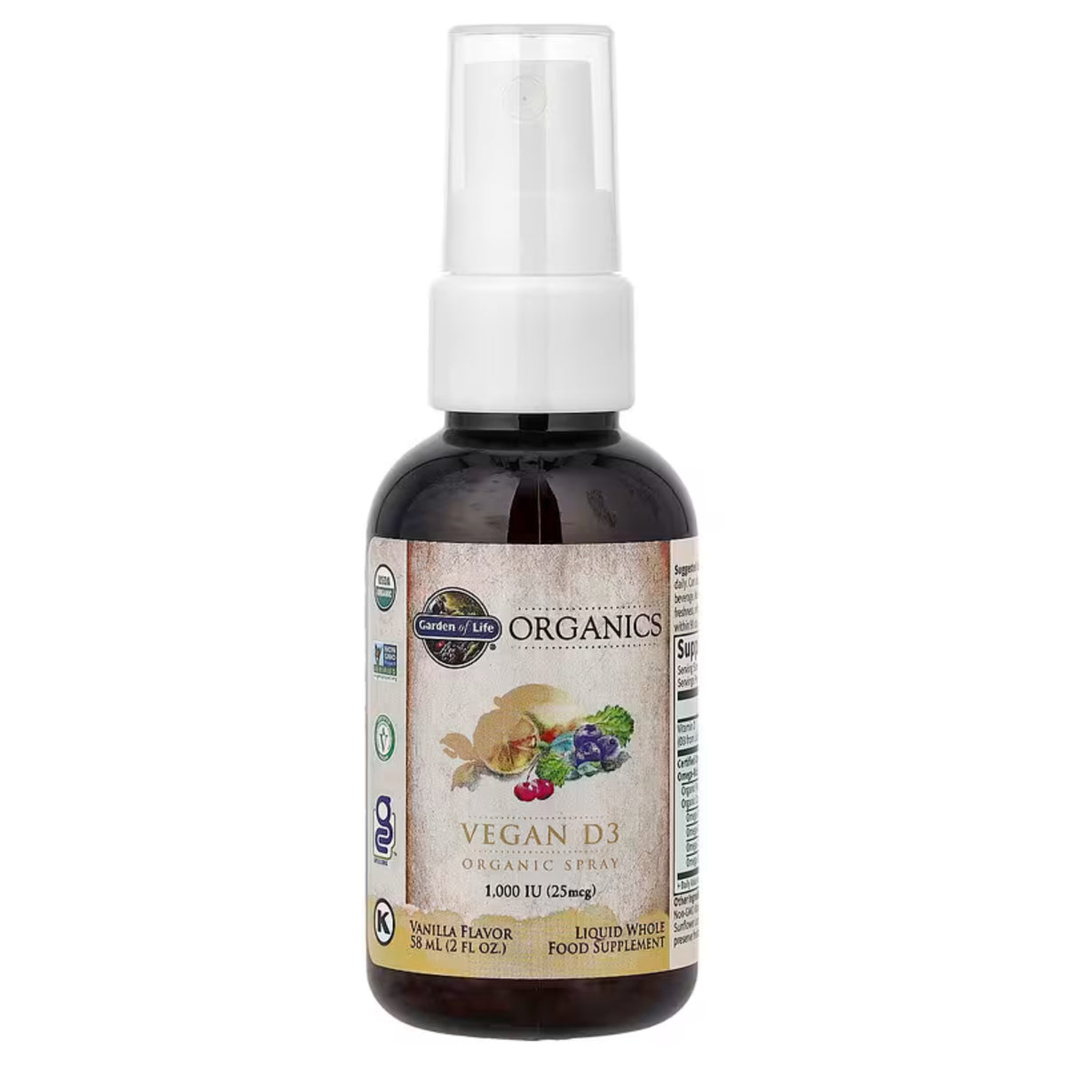 Alternate Image of Organics Vegan D3 Vanilla Spray, brown spray bottle with label with illustrated veggies