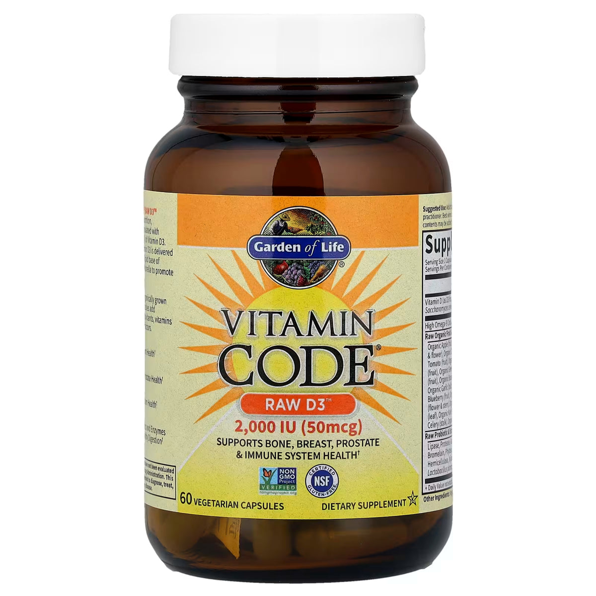 Front view of Garden of Life Vitamin Code Raw D3 2,000 IU bottle showcasing 60 vegetarian capsules on white background