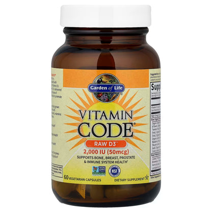 Front view of Garden of Life Vitamin Code Raw D3 2,000 IU bottle showcasing 60 vegetarian capsules on white background