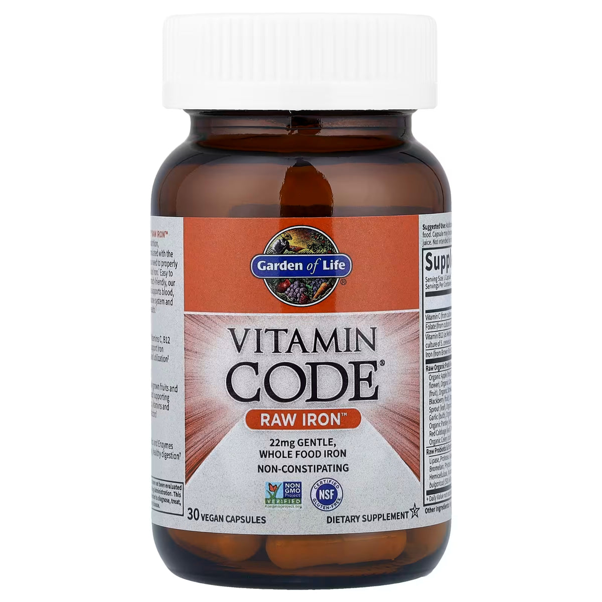 Front view of Garden of Life Vitamin Code Raw Iron capsules bottle showcasing 30 vegan capsules on a white background