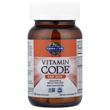 Front view of Garden of Life Vitamin Code Raw Iron capsules bottle showcasing 30 vegan capsules on a white background