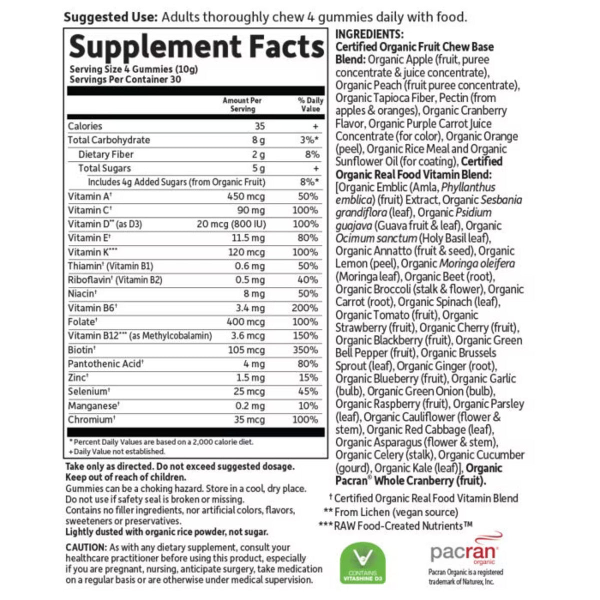 Supplement facts label showing 4-gummy serving, 35 calories, 5 grams of sugars, and vitamins and minerals