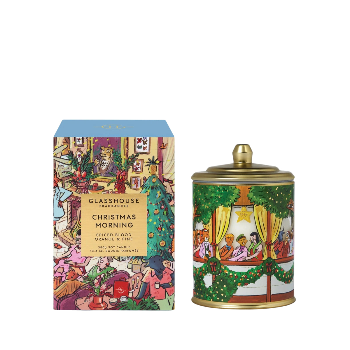 Primary Image of Holiday Christmas Morning Candle, illustrated candle vessel and box