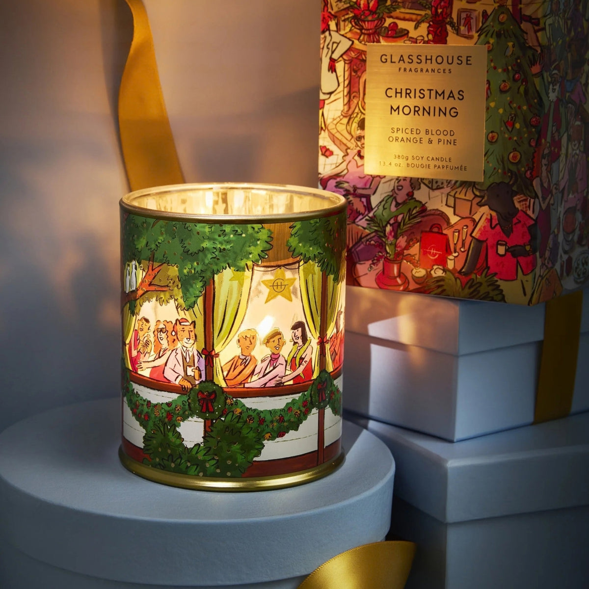 Alternate Image of Holiday Christmas Morning Candle, illustrated candle vessel and box