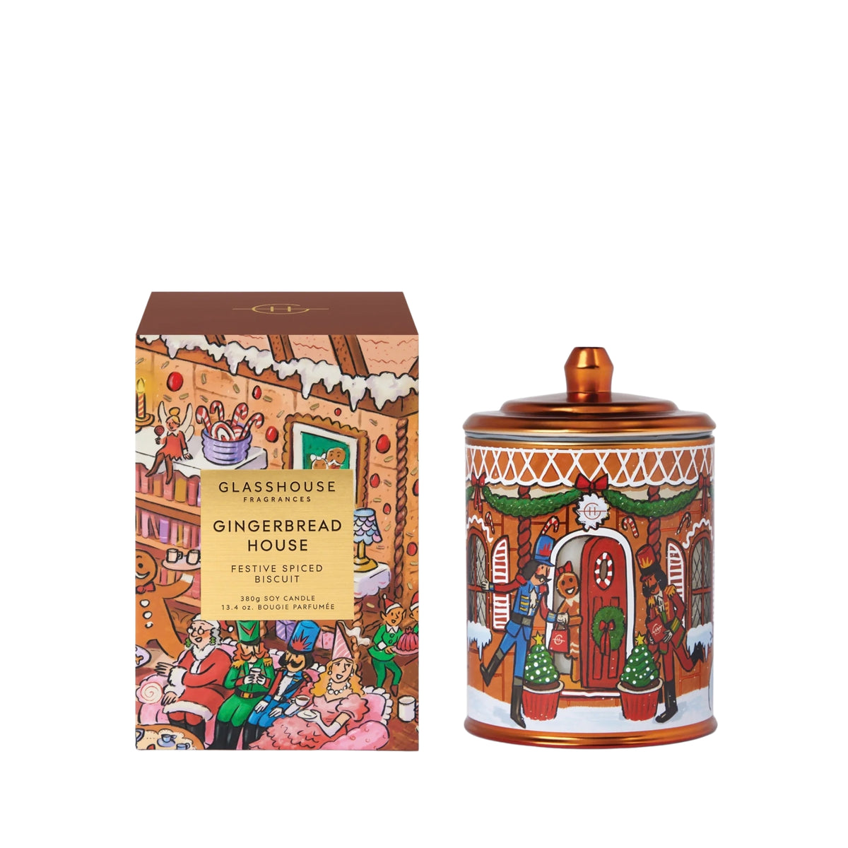 Primary Image of Holiday Gingerbread House Candle, illustrated candle vessel and box