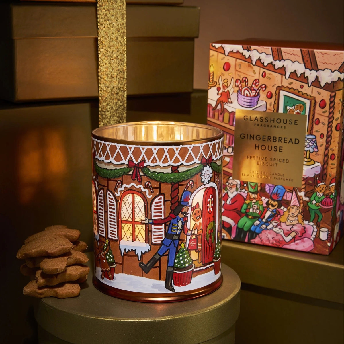 Alternate Image of Holiday Gingerbread House Candle, illustrated candle vessel and box