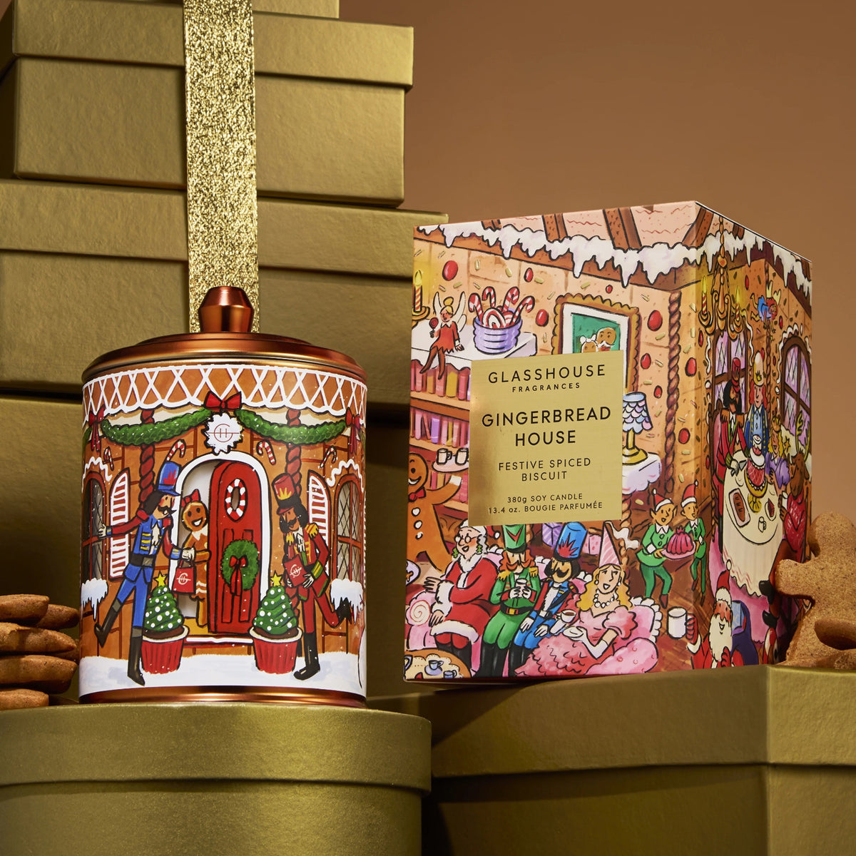 Alternate Image of Holiday Gingerbread House Candle, illustrated candle vessel and box