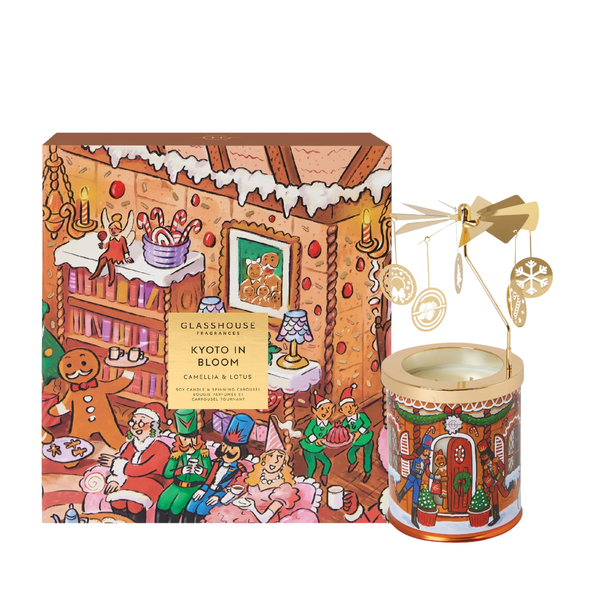 Primary Image of Holiday Kyoto in Bloom Candle Carousel Set, illustrated candle vessel and box
