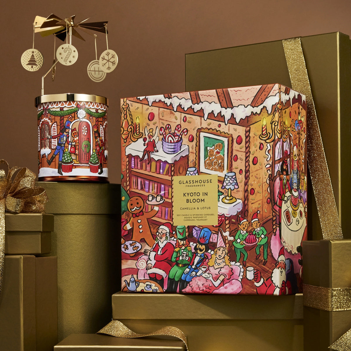 Alternate Image of Holiday Kyoto in Bloom Candle Carousel Set, illustrated candle vessel and box