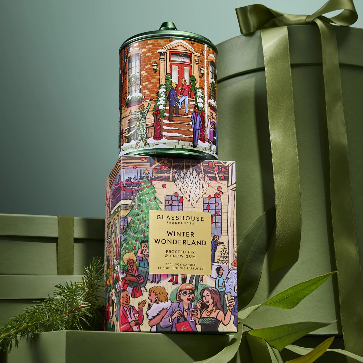 Alternate Image of Holiday Winter Wonderland Candle, green illustrated candle vessel and box