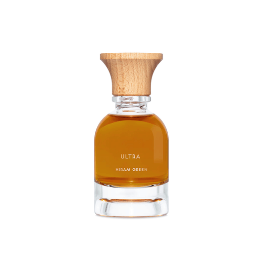 Front view of Hiram Green Ultra Eau de Parfum in an amber bottle with a wood-colored cap on a white background
