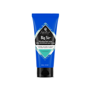 Front view of Jack Black Big Sir body lotion tube showcasing marine accord and amber with a white background