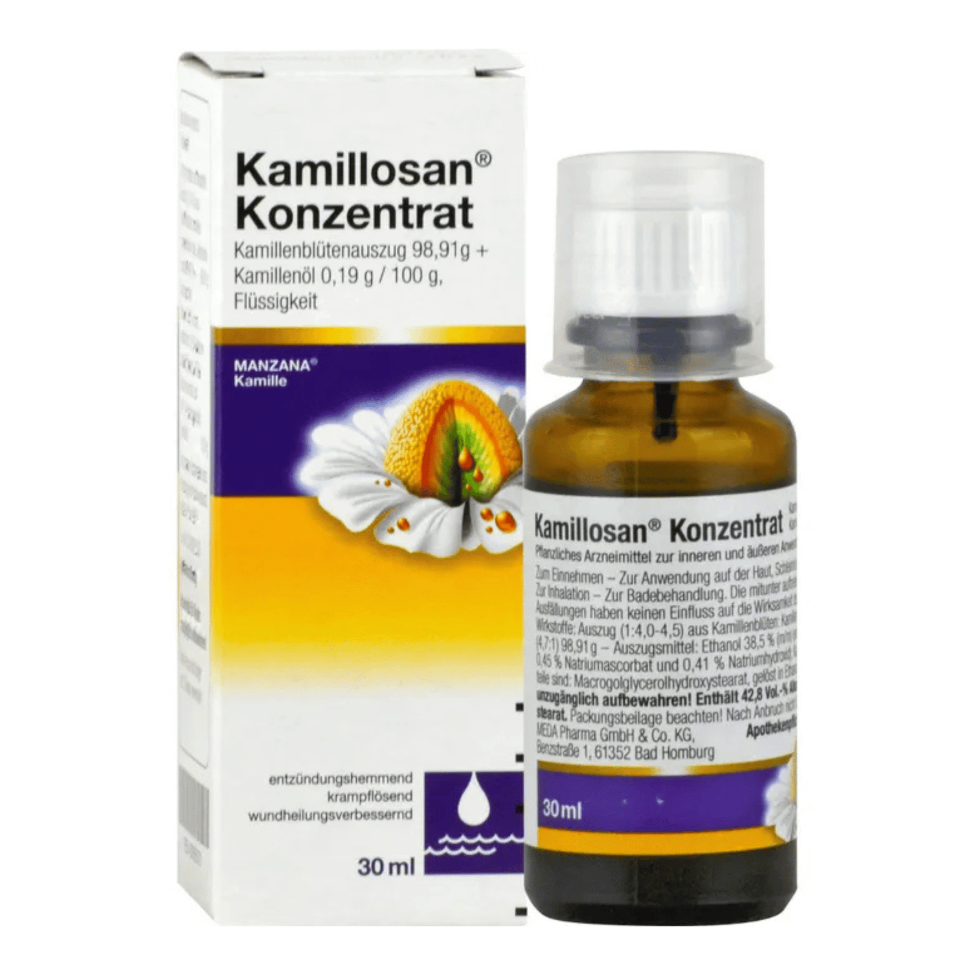 Primary Image of Kamillosan Concentrate, dark amber medicine bottle and box