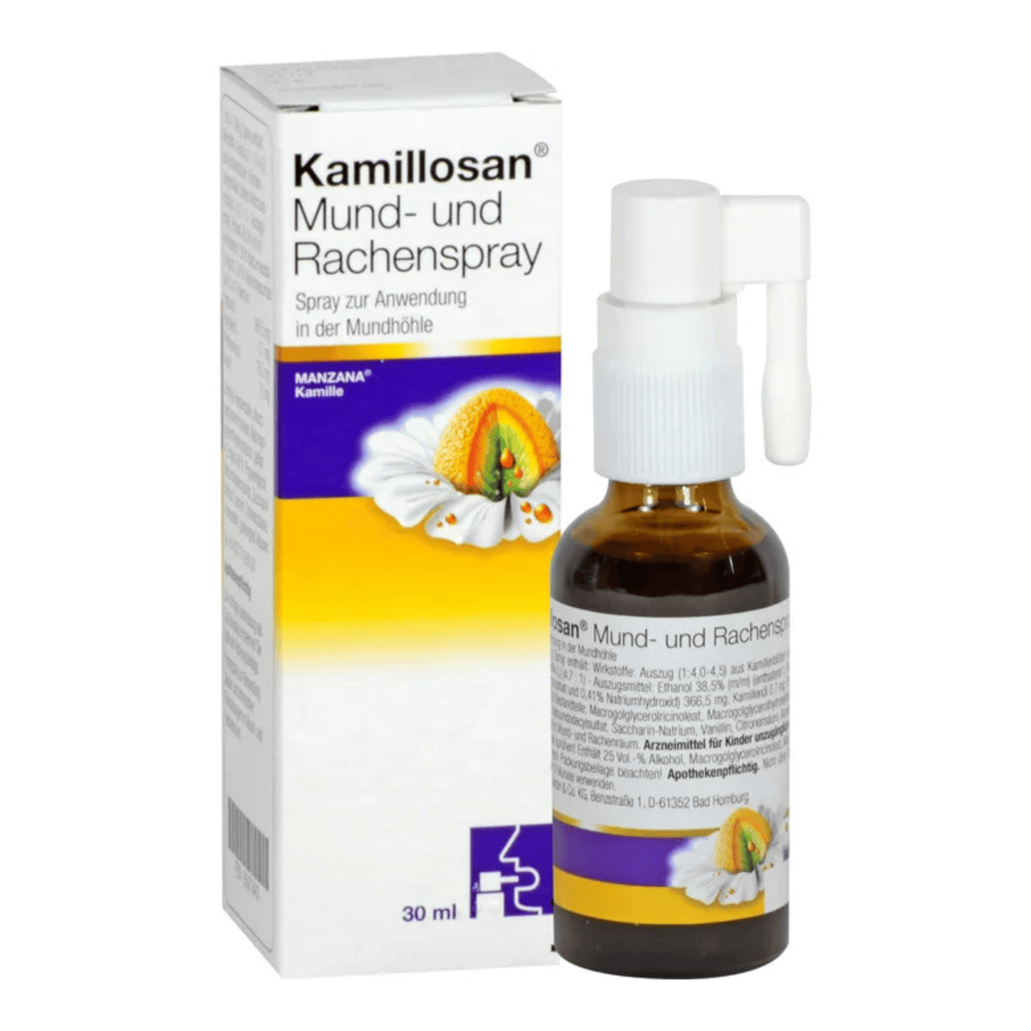 Primary Image of Kamillosan Mouth and Throat Spray, dark amber glass spray bottle and box