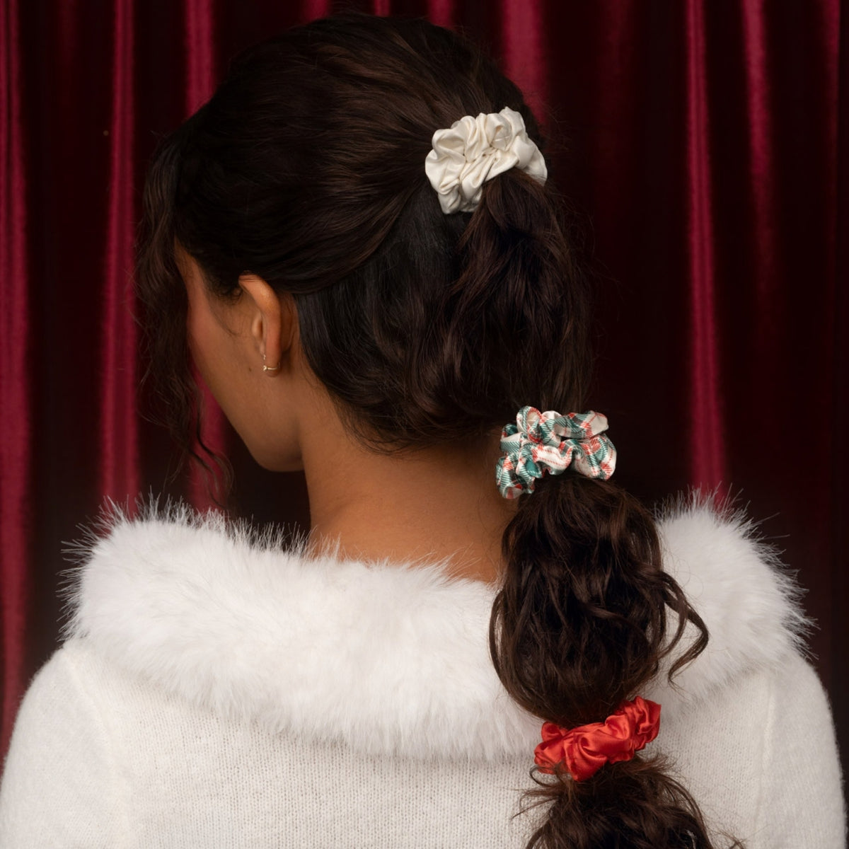 Alternate image of kitsch Holiday Ruched Satin Scrunchies on model