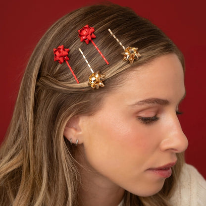 Alternate image of kitsch Red & Gold Gift Bow Bobby Pins with model