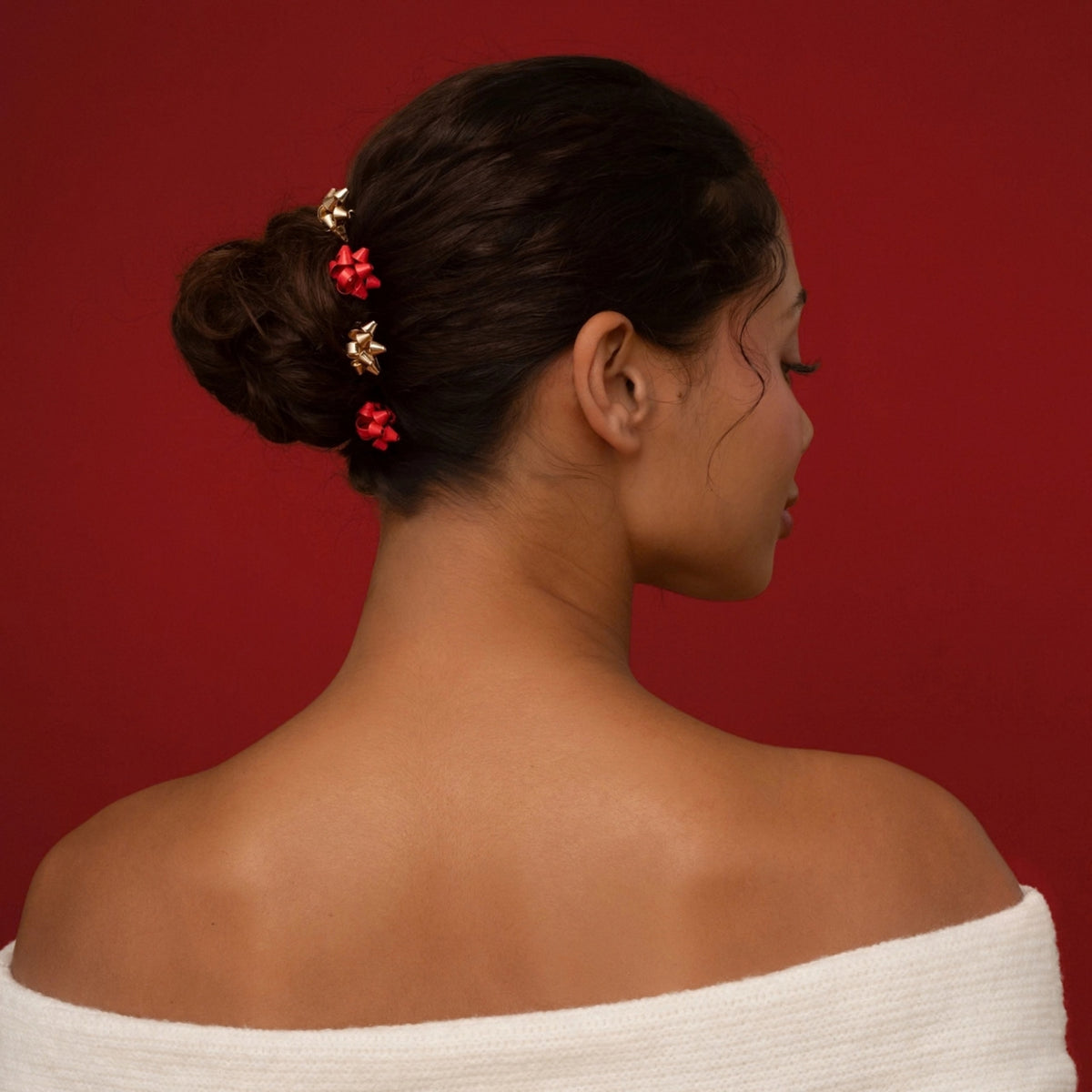 Alternate image of kitsch Red & Gold Gift Bow Bobby Pins with model