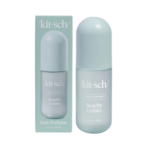 Front view of kitsch Beachy Gelato Hair Perfume bottle and box showcasing matching pale blue packaging on a white background