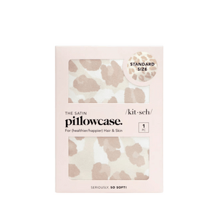 Front view of Leopard Satin Pillowcase package showcasing a tan and cream leopard print on a pale pink background