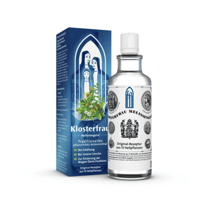 Primary image of Klosterfrau Melissengeist, white labelled bottle with blue box